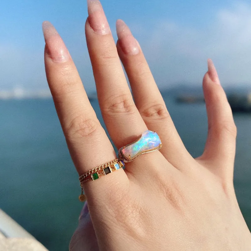 18K White & Gold Unusual Shape 3.5ct Natural Opal Diamond Luxury Ring