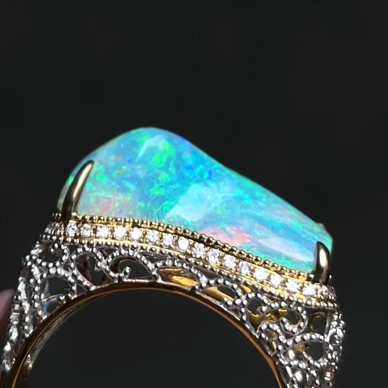 18K White & Gold Unusual Shape 3.5ct Natural Opal Diamond Luxury Ring