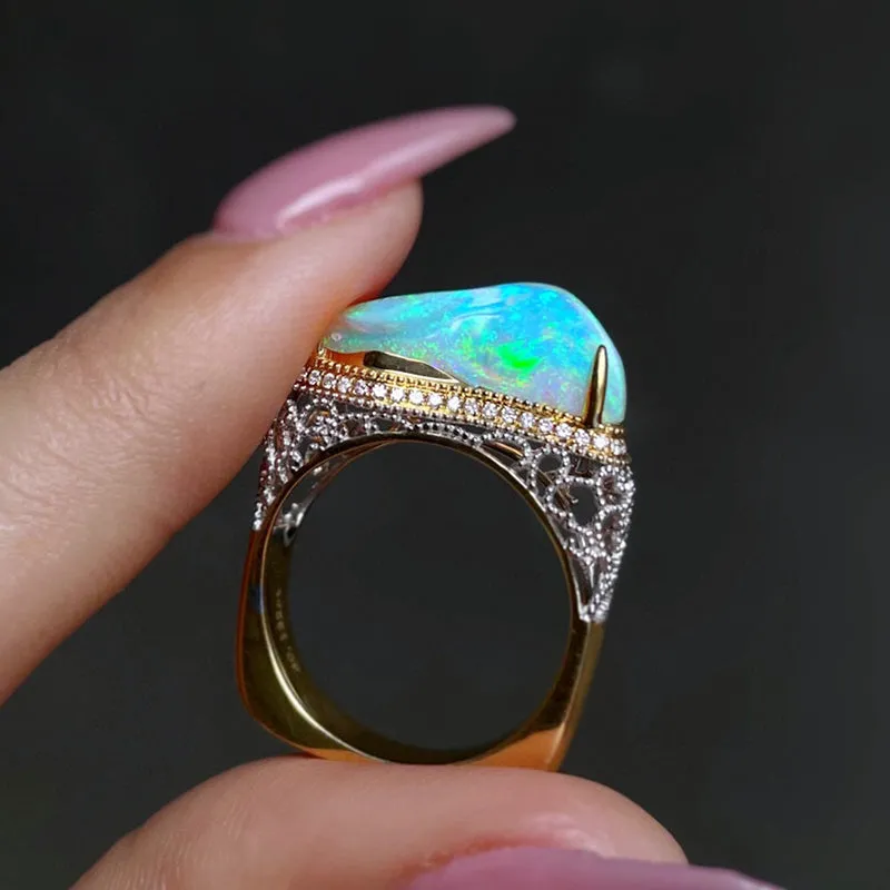 18K White & Gold Unusual Shape 3.5ct Natural Opal Diamond Luxury Ring
