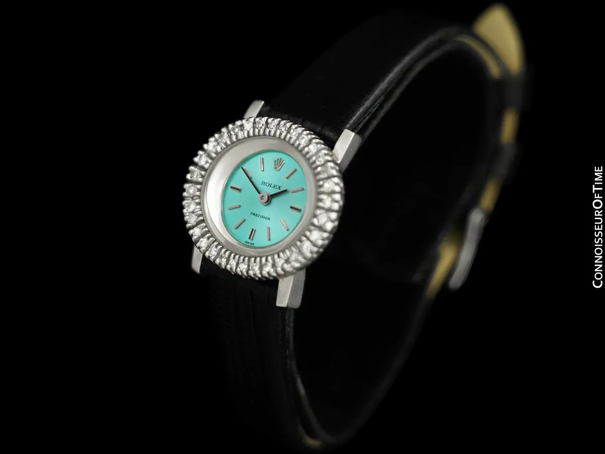 1970's Rolex Ladies Vintage Dress Bracelet Watch with Tiffany Blue Dial - 18K White Gold & Diamonds