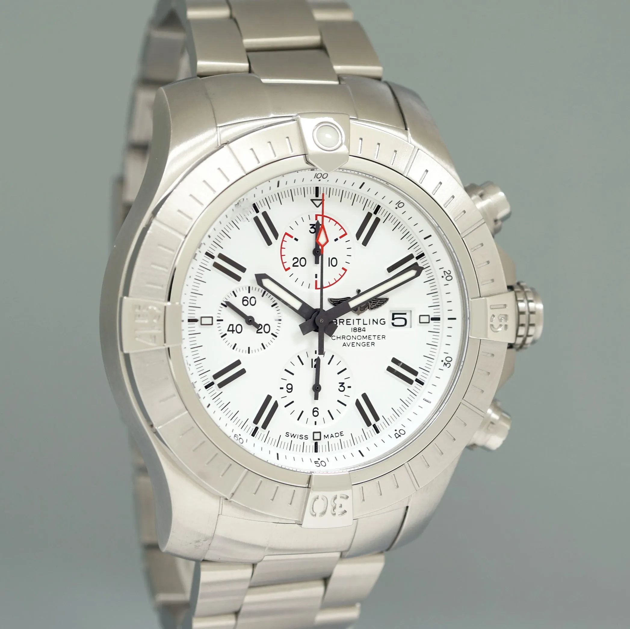 2020 PAPERS Breitling Chrono Super Avenger 48 A13375 Steel White Chronograph Watch