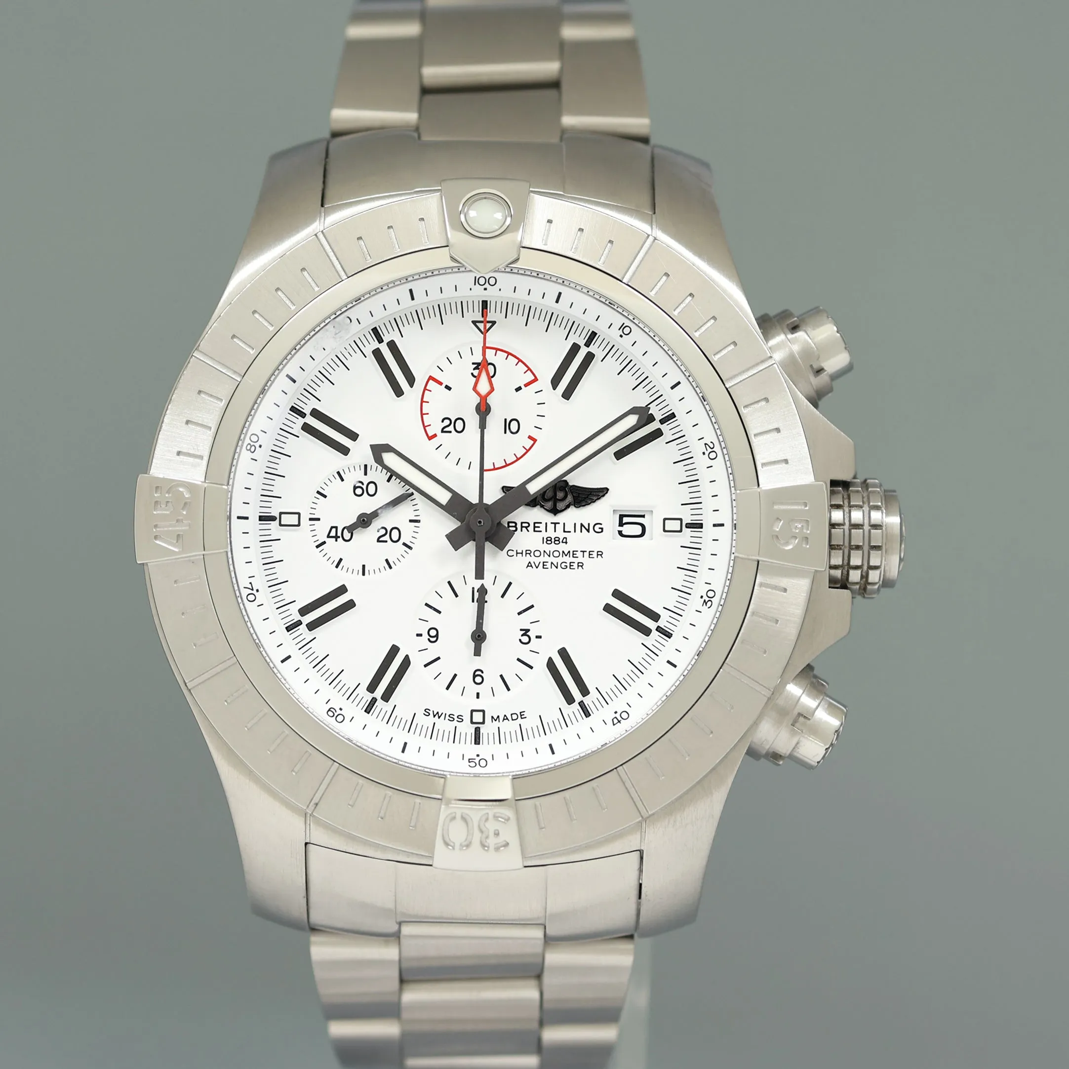 2020 PAPERS Breitling Chrono Super Avenger 48 A13375 Steel White Chronograph Watch