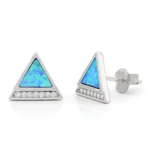 925 Sterling Silver Micro Pave Blue Fire Opal Delta Stud Earrings