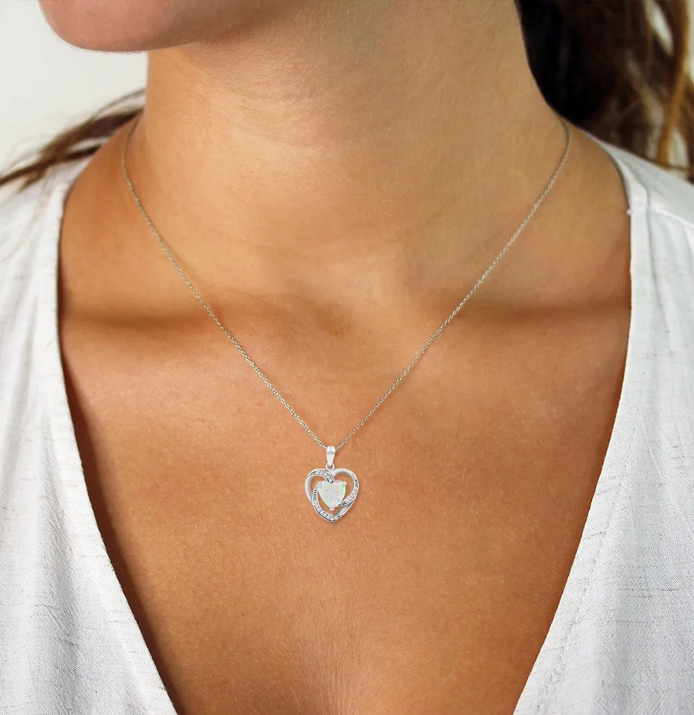 925 Sterling Silver Micro Pave White Fire Opal Heart Necklace