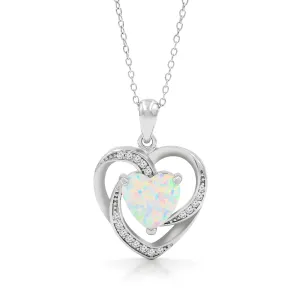 925 Sterling Silver Micro Pave White Fire Opal Heart Necklace