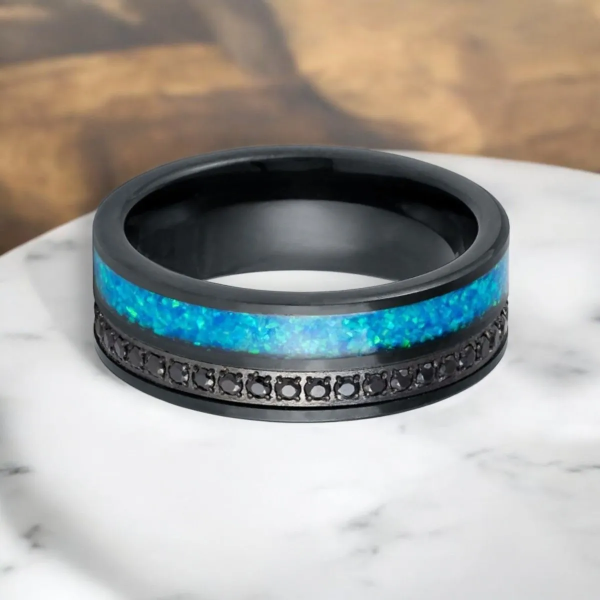 AQUORION | Black Tungsten Ring, Black Diamond Stimulated CZ, Blue Opal Inlay