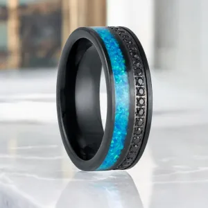 AQUORION | Black Tungsten Ring, Black Diamond Stimulated CZ, Blue Opal Inlay