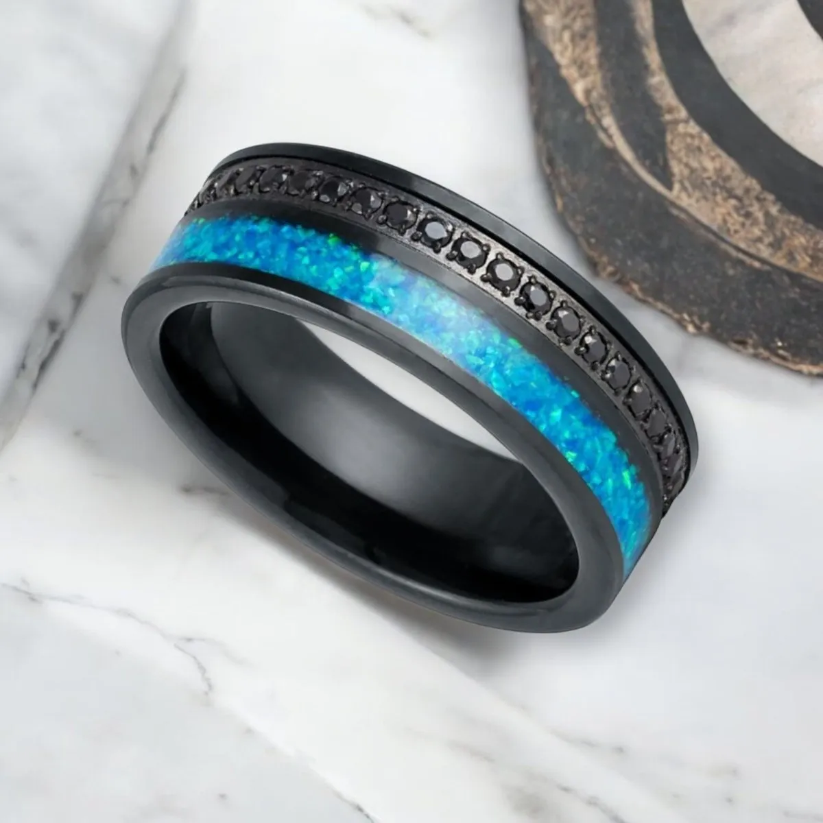 AQUORION | Black Tungsten Ring, Black Diamond Stimulated CZ, Blue Opal Inlay
