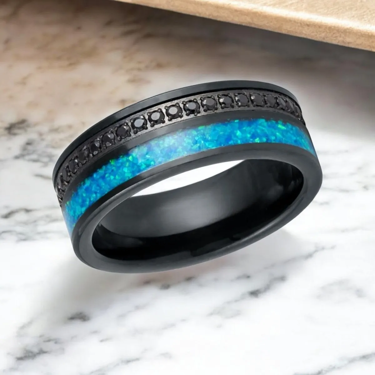 AQUORION | Black Tungsten Ring, Black Diamond Stimulated CZ, Blue Opal Inlay