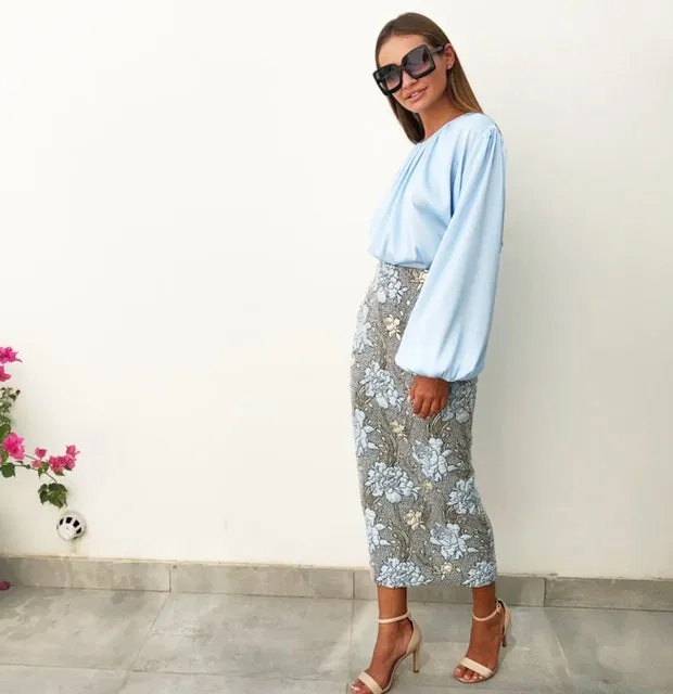 AW18 BROCADE BABY BLUE & GOLD PENCIL SKIRT