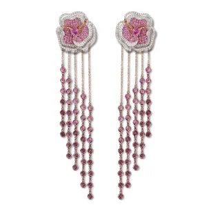 Bloom Medium Flower Halo Pink Sapphire Long Earrings in Rose Gold