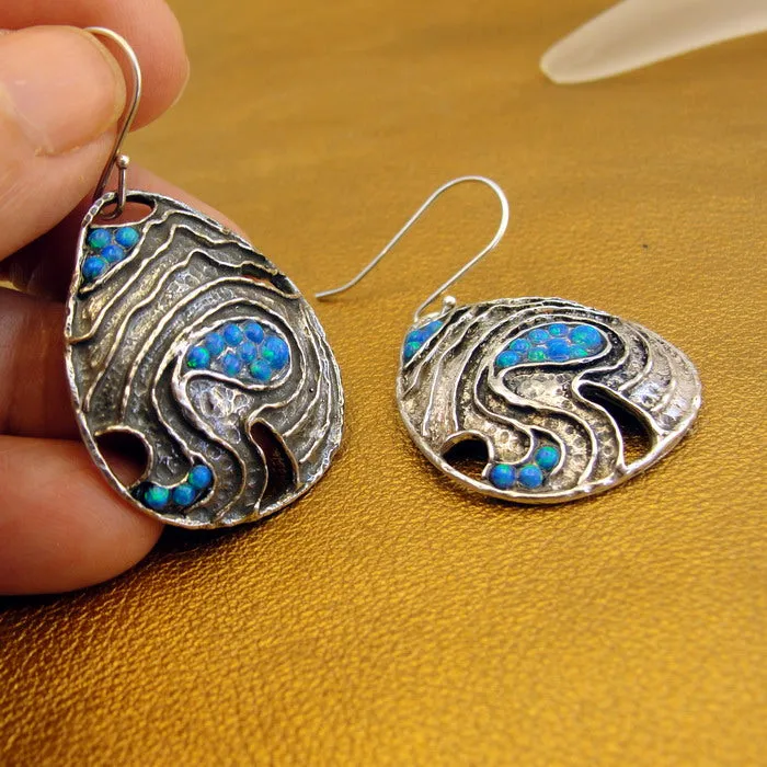 Blue Opal Earrings 925 Sterling Silver Handmade Dangle Hadar Designers (AS)