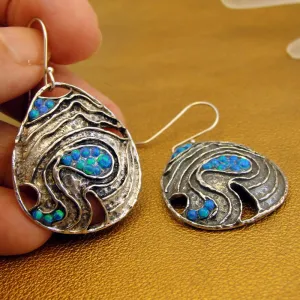 Blue Opal Earrings 925 Sterling Silver Handmade Dangle Hadar Designers (AS)