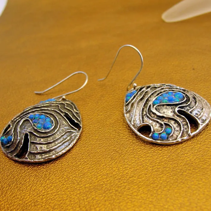 Blue Opal Earrings 925 Sterling Silver Handmade Dangle Hadar Designers (AS)