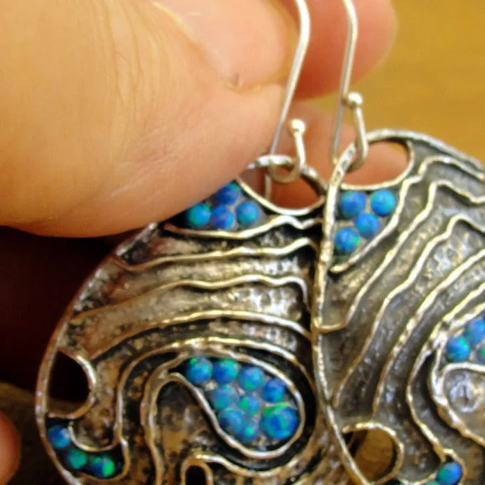 Blue Opal Earrings 925 Sterling Silver Handmade Dangle Hadar Designers (AS)