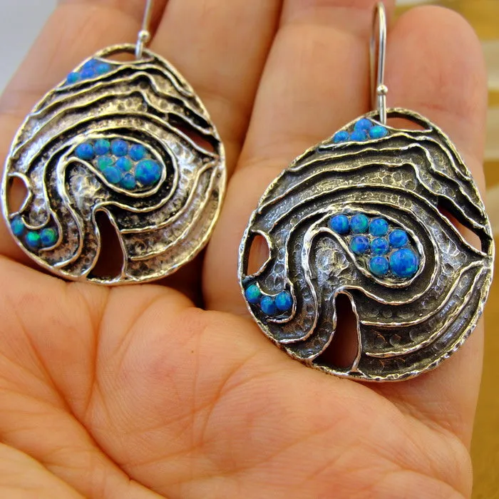Blue Opal Earrings 925 Sterling Silver Handmade Dangle Hadar Designers (AS)