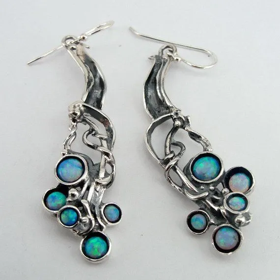 Blue Opal Earrings 925 Sterling Silver  Handmade long Dangle Hadar Designers (H)