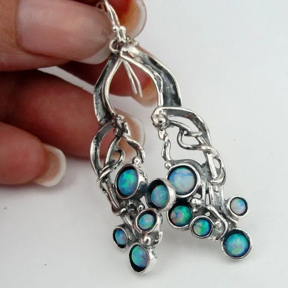 Blue Opal Earrings 925 Sterling Silver  Handmade long Dangle Hadar Designers (H)
