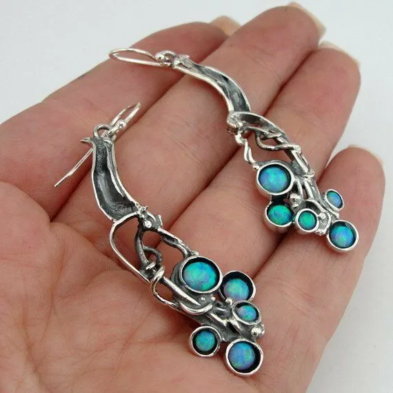 Blue Opal Earrings 925 Sterling Silver  Handmade long Dangle Hadar Designers (H)