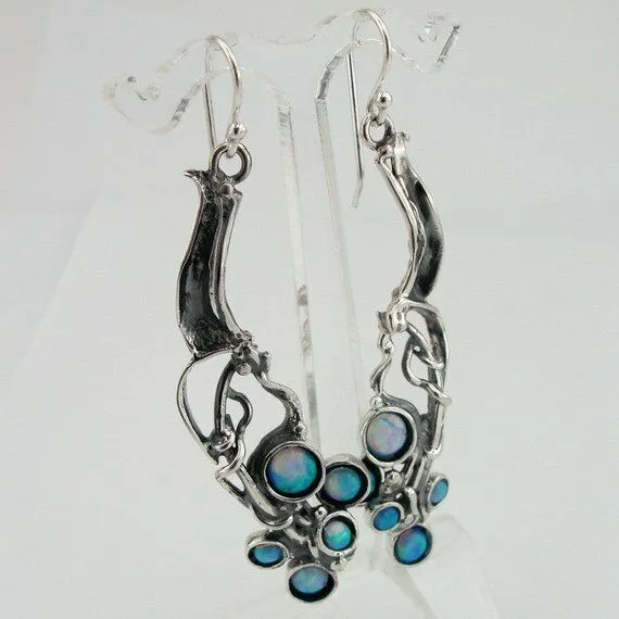 Blue Opal Earrings 925 Sterling Silver  Handmade long Dangle Hadar Designers (H)