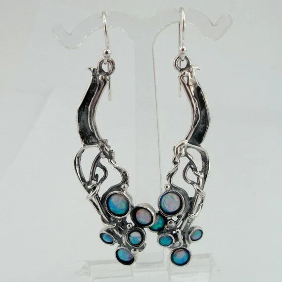 Blue Opal Earrings 925 Sterling Silver  Handmade long Dangle Hadar Designers (H)