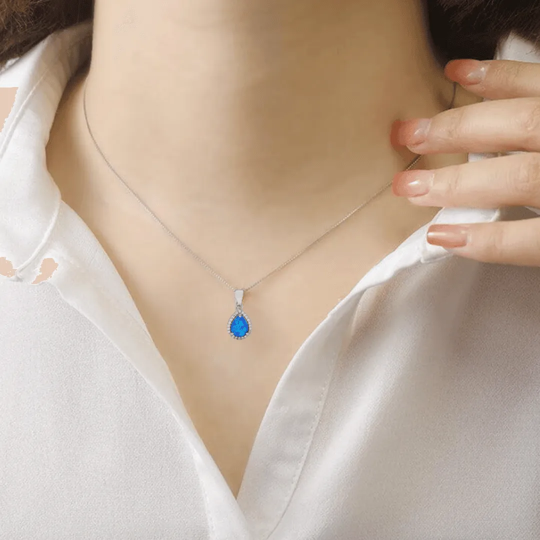 Blue Opal Teardrop Pendant Necklace