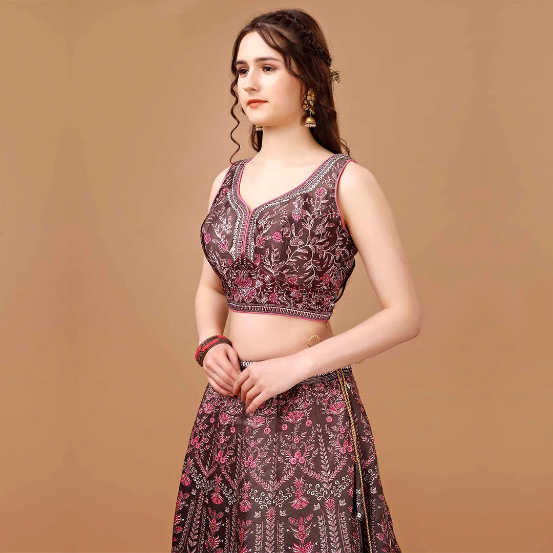 Brown and Hot Pink Brocade Lehenga with Maroon Dupatta