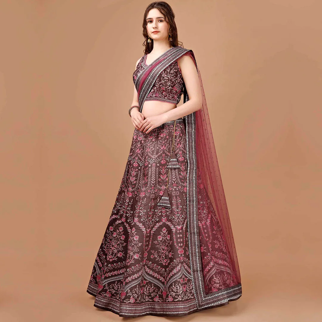 Brown and Hot Pink Brocade Lehenga with Maroon Dupatta