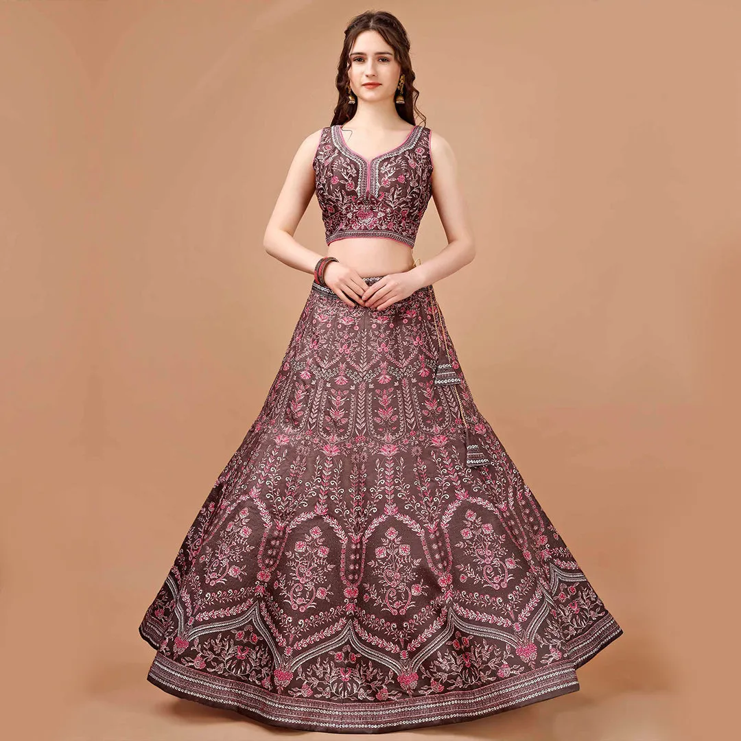 Brown and Hot Pink Brocade Lehenga with Maroon Dupatta