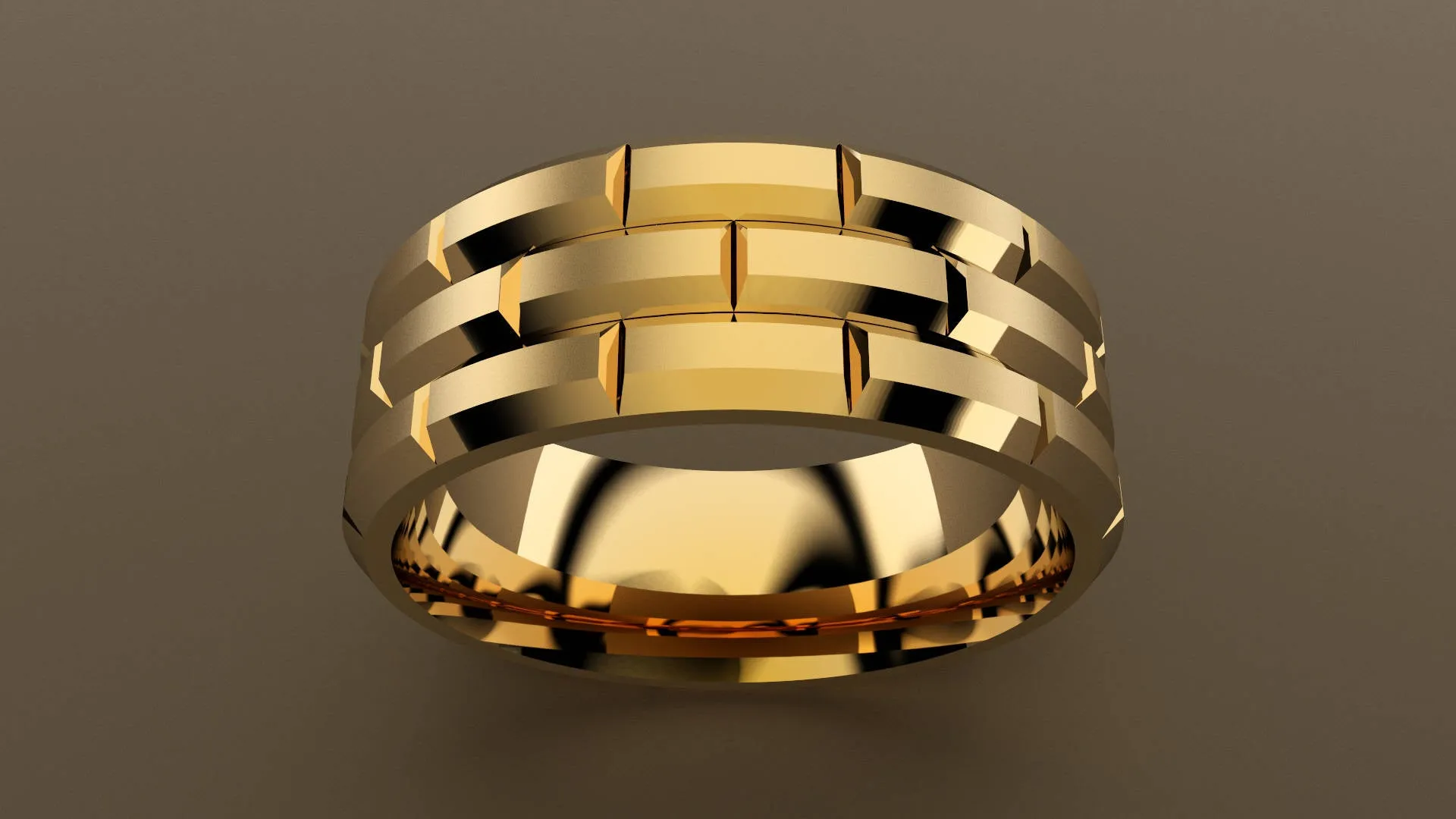 Brushed Yellow Gold 8mm Brick Pattern Wedding Band