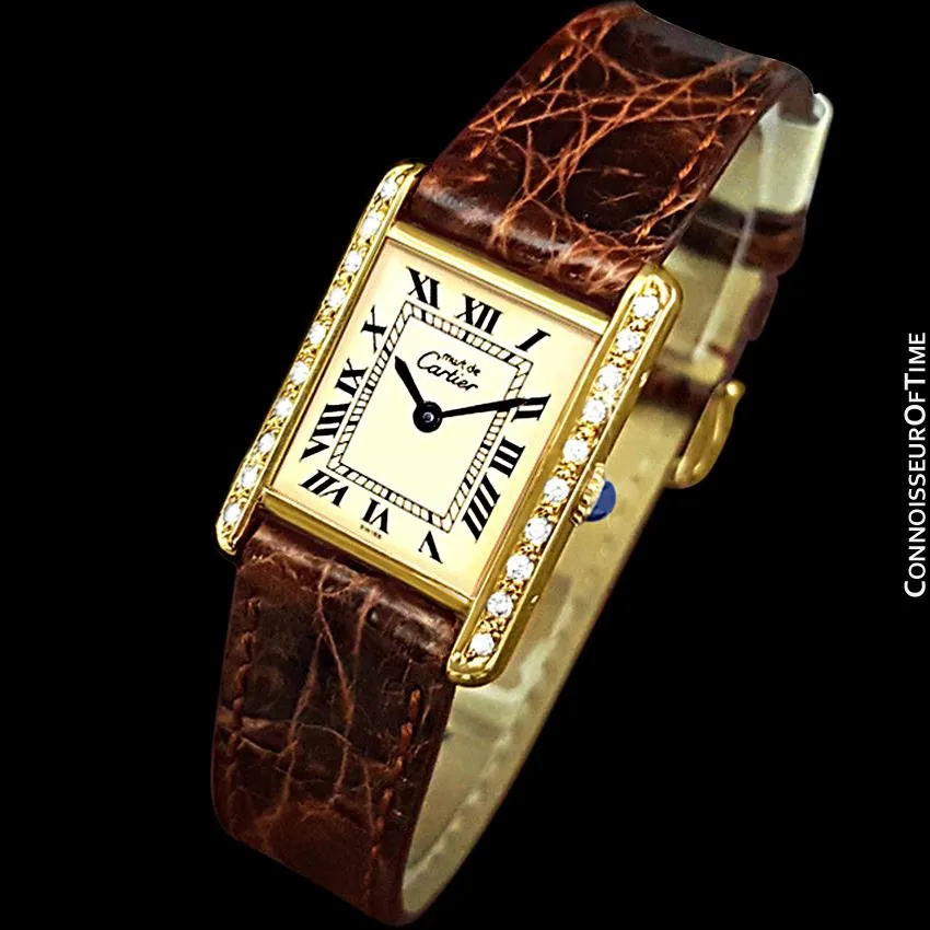 Cartier Vintage Ladies Tank Mechanical Watch - Gold Vermeil, 18K Gold over Sterling Silver & Diamonds
