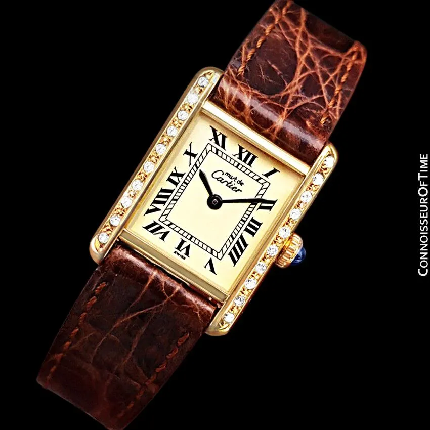 Cartier Vintage Ladies Tank Mechanical Watch - Gold Vermeil, 18K Gold over Sterling Silver & Diamonds