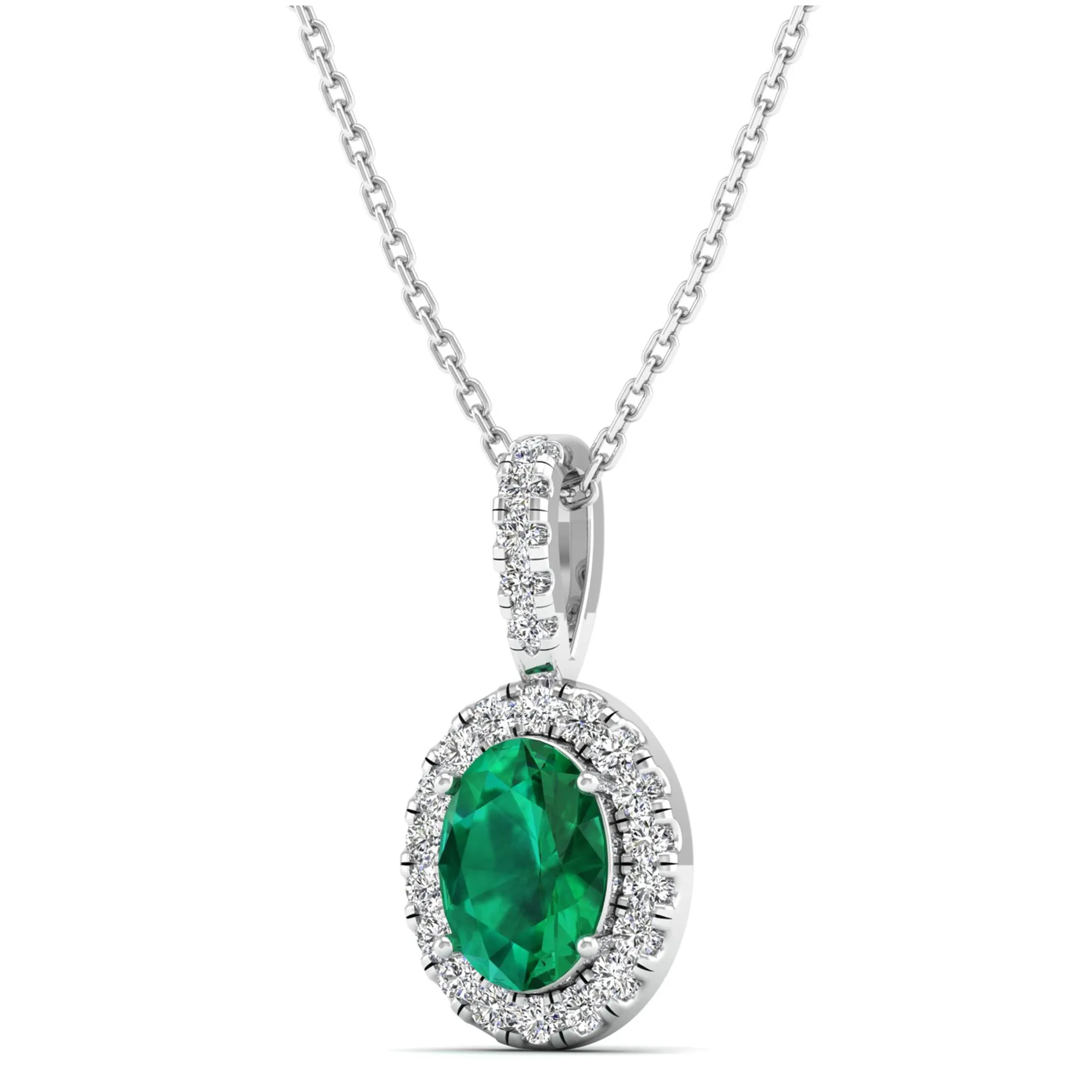 Classic Halo Oval Emerald and Diamond Pendant