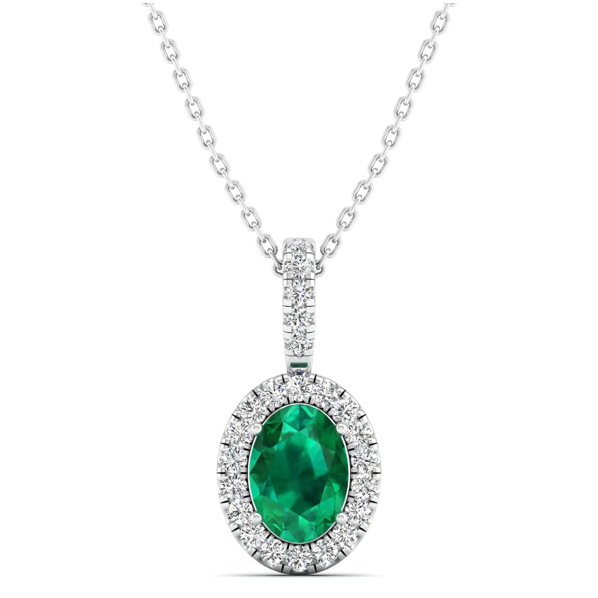 Classic Halo Oval Emerald and Diamond Pendant