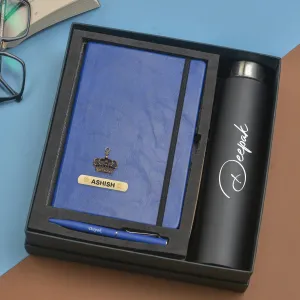Classy Hardcover Diary   Classic Metal Pen   Classic Smart Bottle  (Black) - Blue