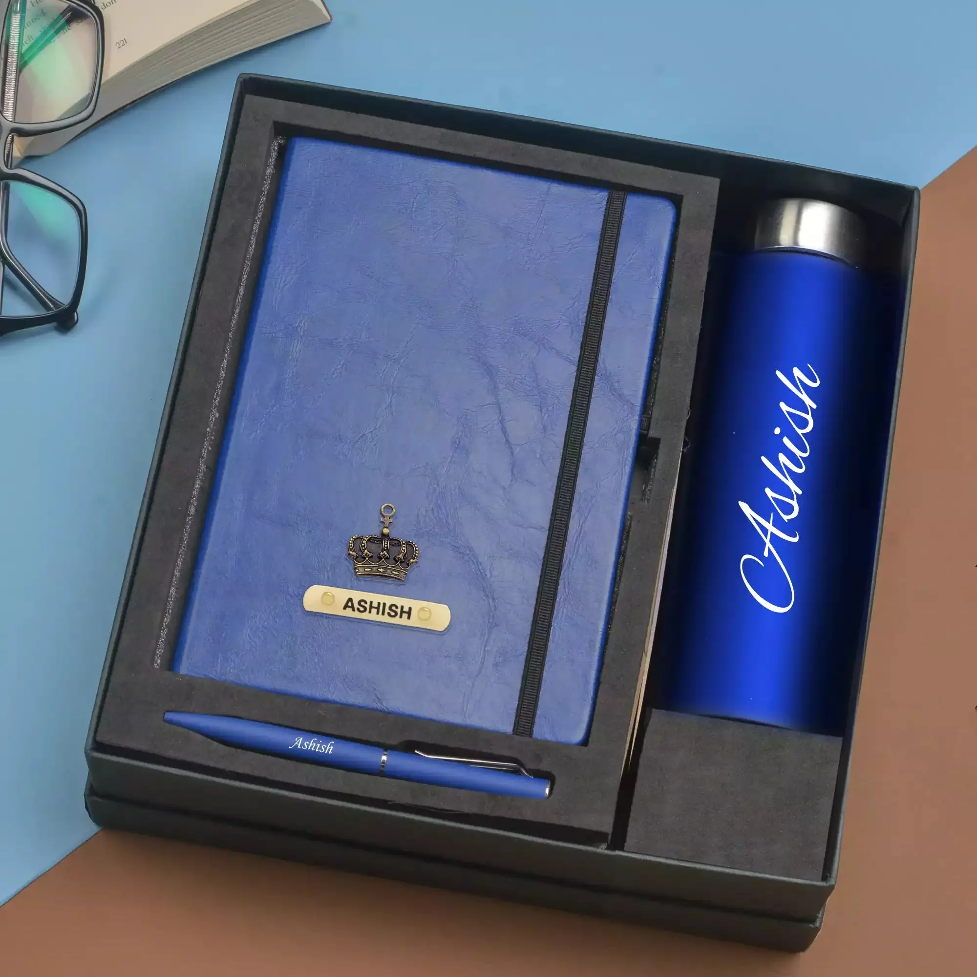 Classy Hardcover Diary   Classic Metal Pen   Classic Smart Bottle  (Black) - Blue