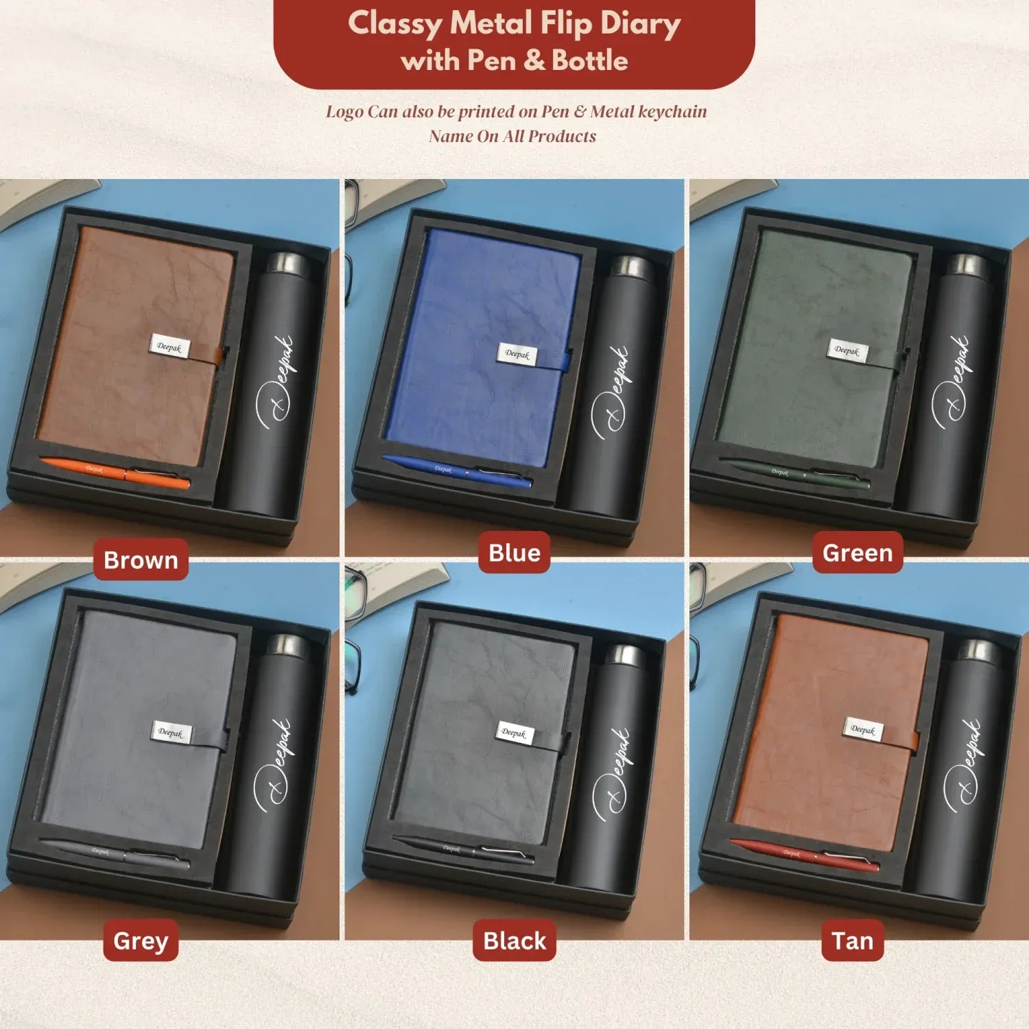 Classy Hardcover Diary   Classic Metal Pen   Classic Smart Bottle  (Black) - Blue