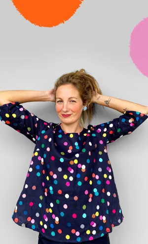Confetti 100% linen 3 quarter sleeves top (navy)