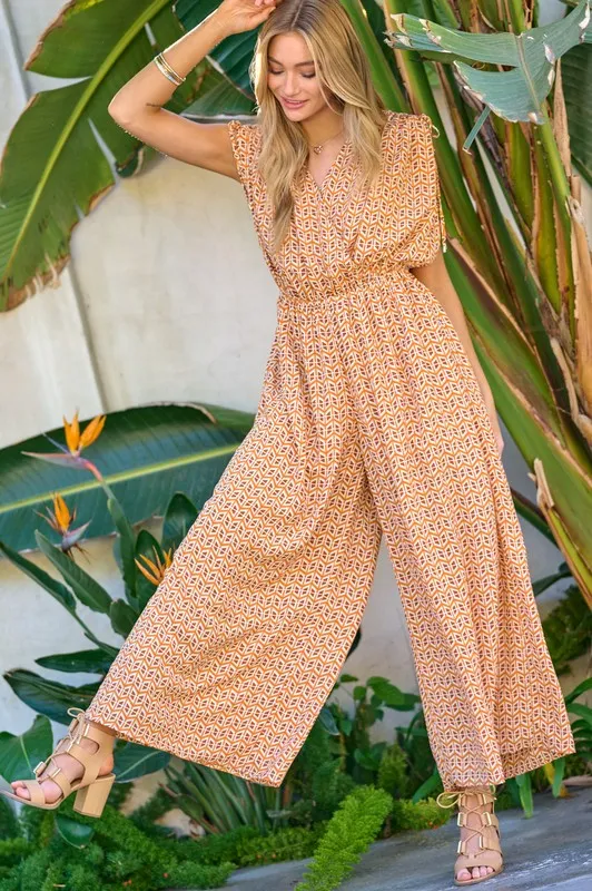 Davi & Dani Printed V-Neck Sleeveless Jumpsuit
