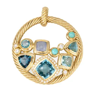David Yurman Mosaic Pendant Estate 18k Yellow Gold Blue Topaz Turquoise Diamond