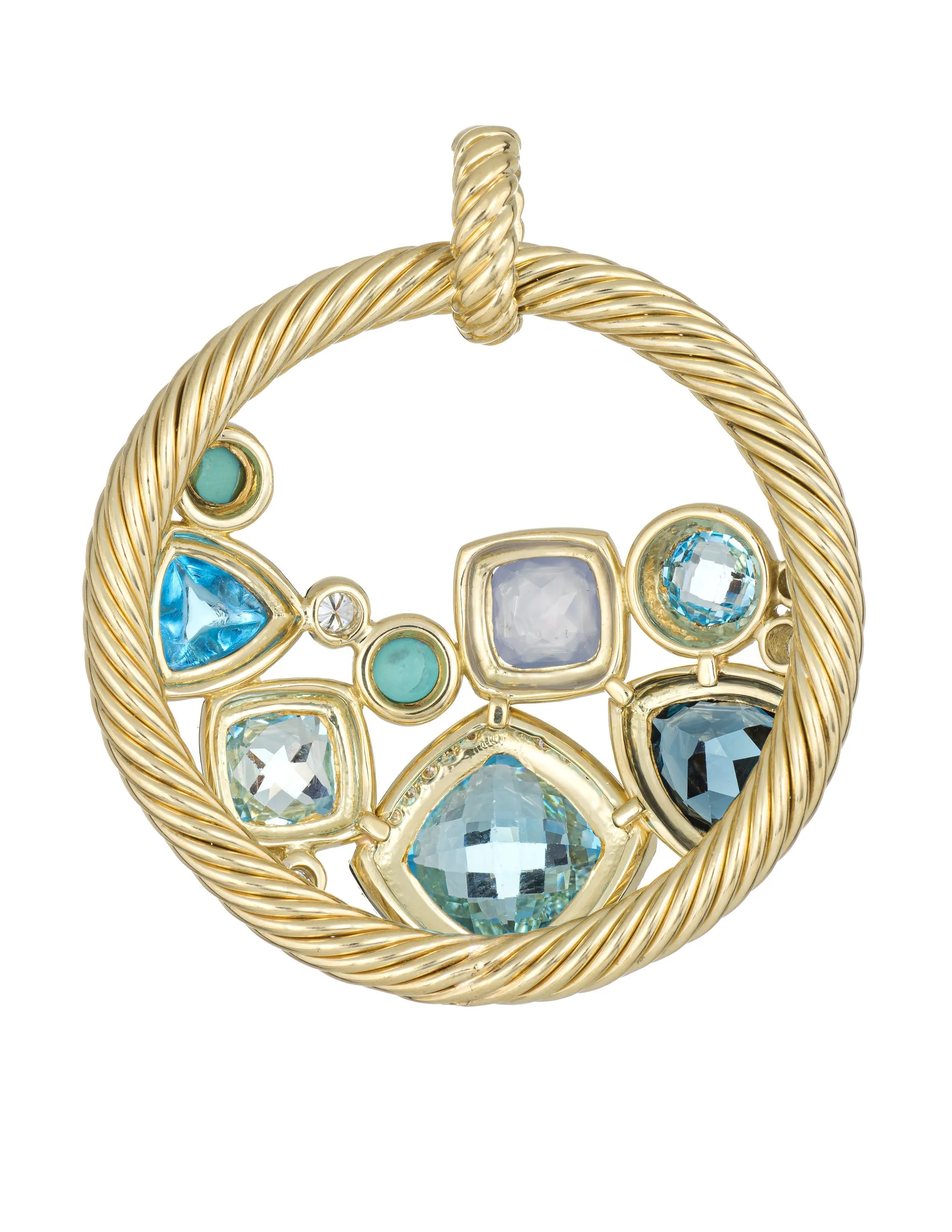 David Yurman Mosaic Pendant Estate 18k Yellow Gold Blue Topaz Turquoise Diamond
