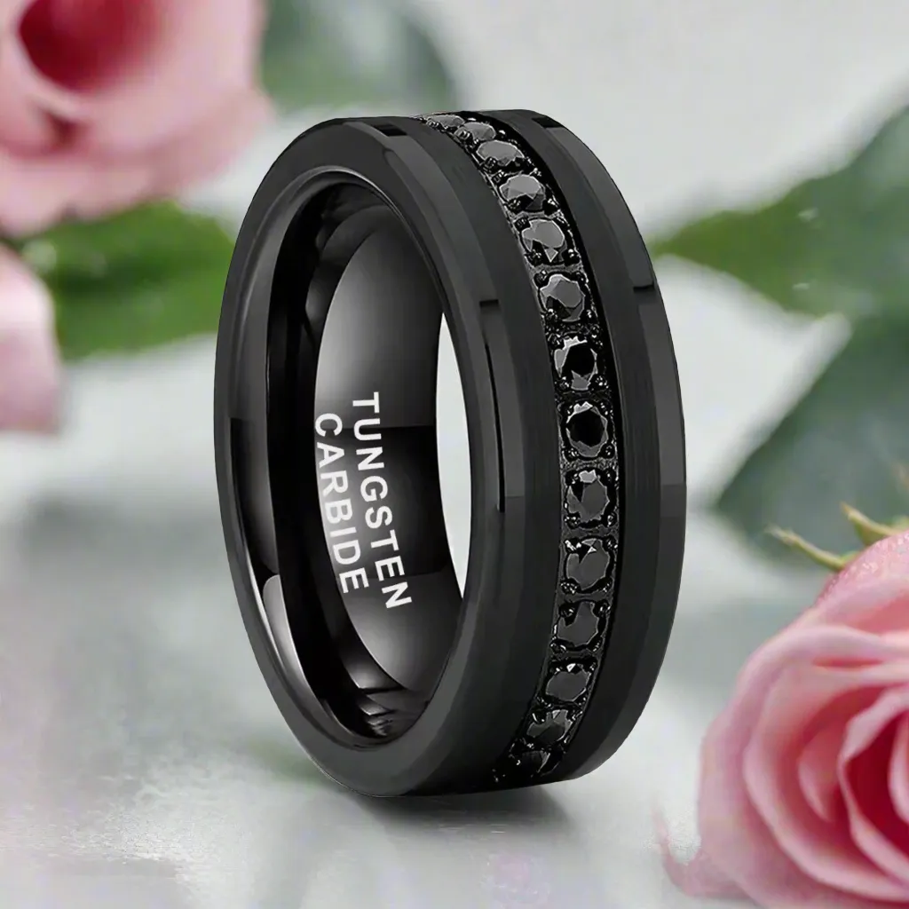 Diamond Inlay Beveled Edges Black Tungsten Men's Wedding Band