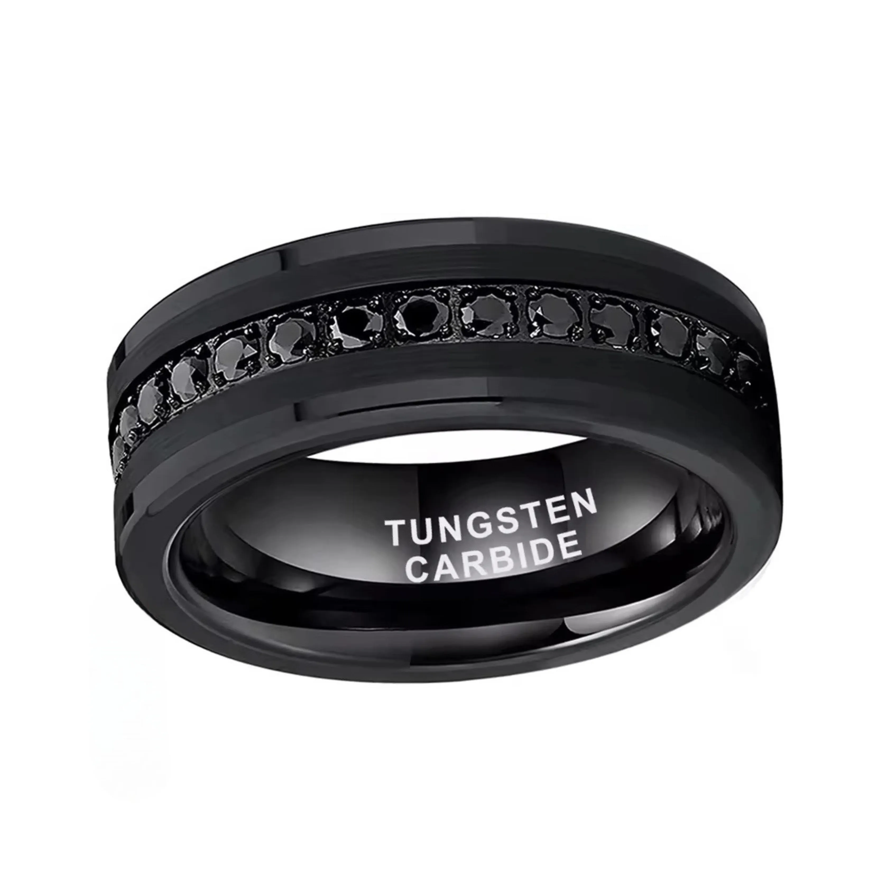Diamond Inlay Beveled Edges Black Tungsten Men's Wedding Band