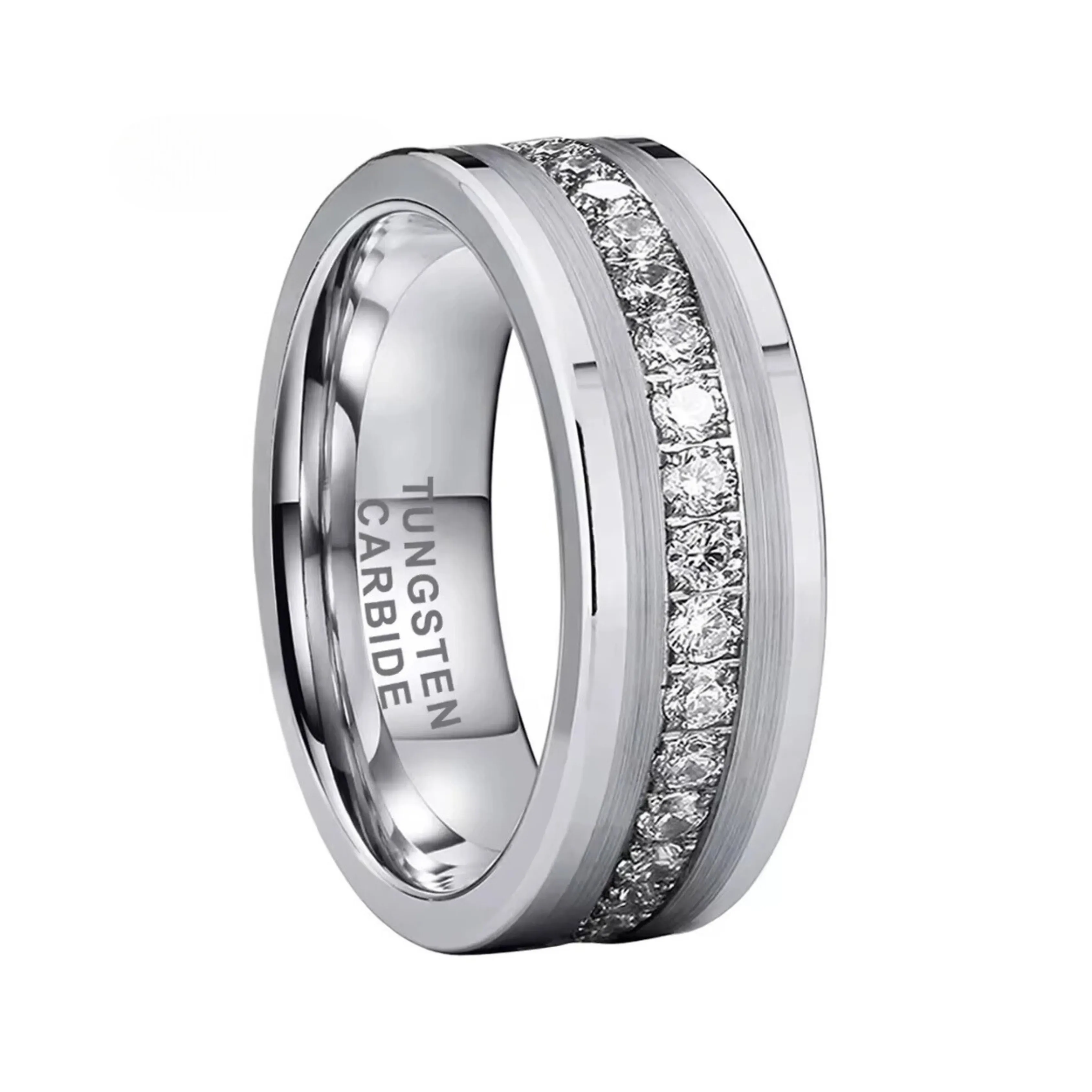 Diamond Inlay Beveled Edges Black Tungsten Men's Wedding Band