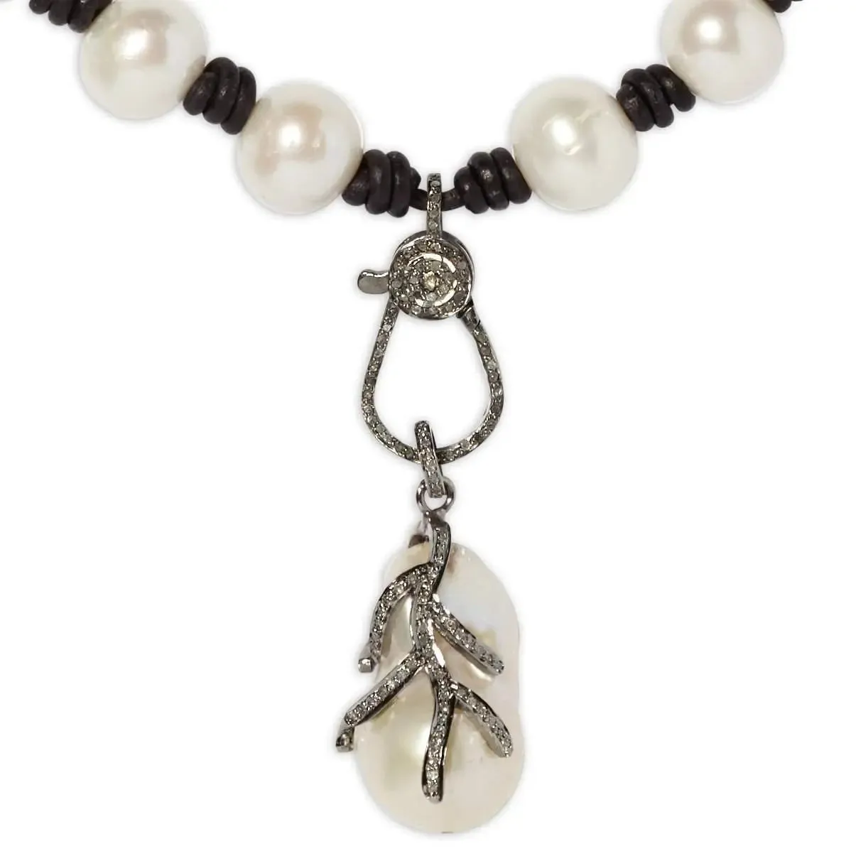 Diamond Lobster Clasp Knotted Leather and Pearl Choker with Pearl and Diamond Enhancer