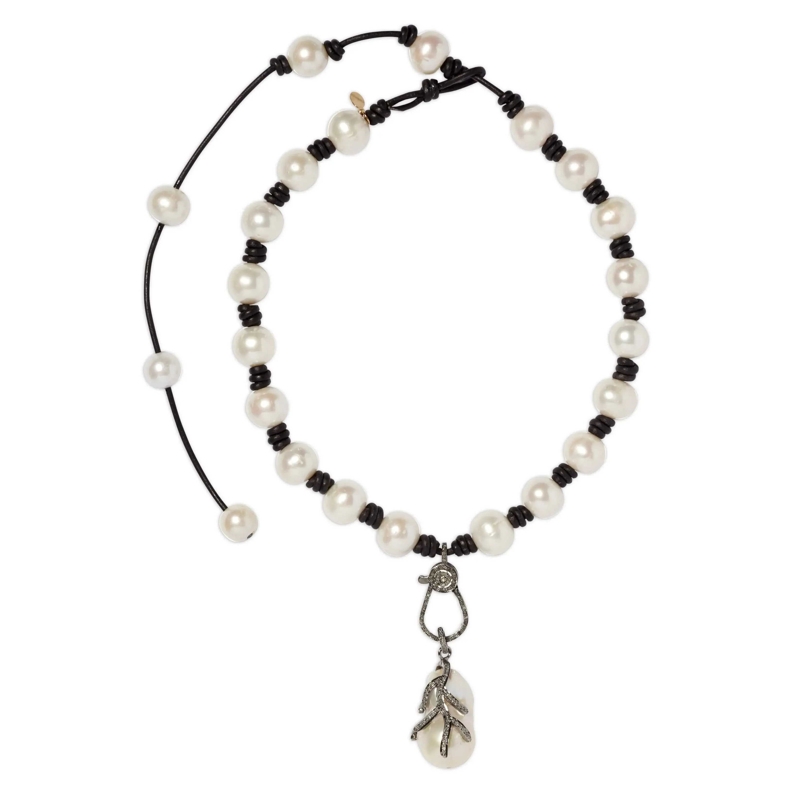 Diamond Lobster Clasp Knotted Leather and Pearl Choker with Pearl and Diamond Enhancer