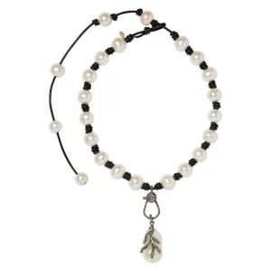 Diamond Lobster Clasp Knotted Leather and Pearl Choker with Pearl and Diamond Enhancer