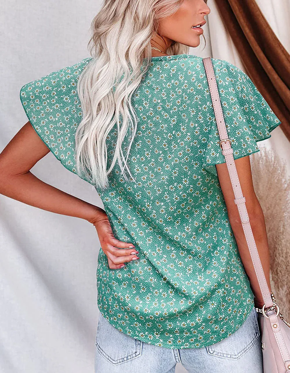 Disty Floral Printed V Neck Pleated Short Sleeve Shirt