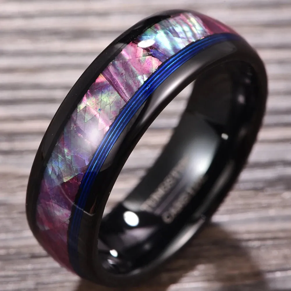 Dome Tungsten Wedding Band with Opal Abalone Shell & Blue Guitar String Inlay