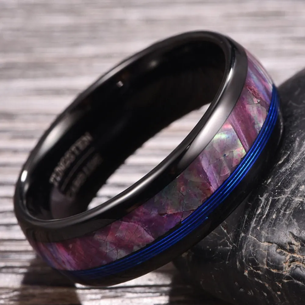 Dome Tungsten Wedding Band with Opal Abalone Shell & Blue Guitar String Inlay